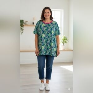 ​Lands' End Tropical Palm Leaf Print T-Shirt XL 18 Green Pink Stretch Knit Top